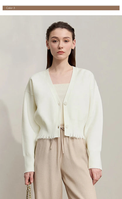 Damen-Strickjacke V-Ausschnitt kurz Quaste locker Langarm Herbst