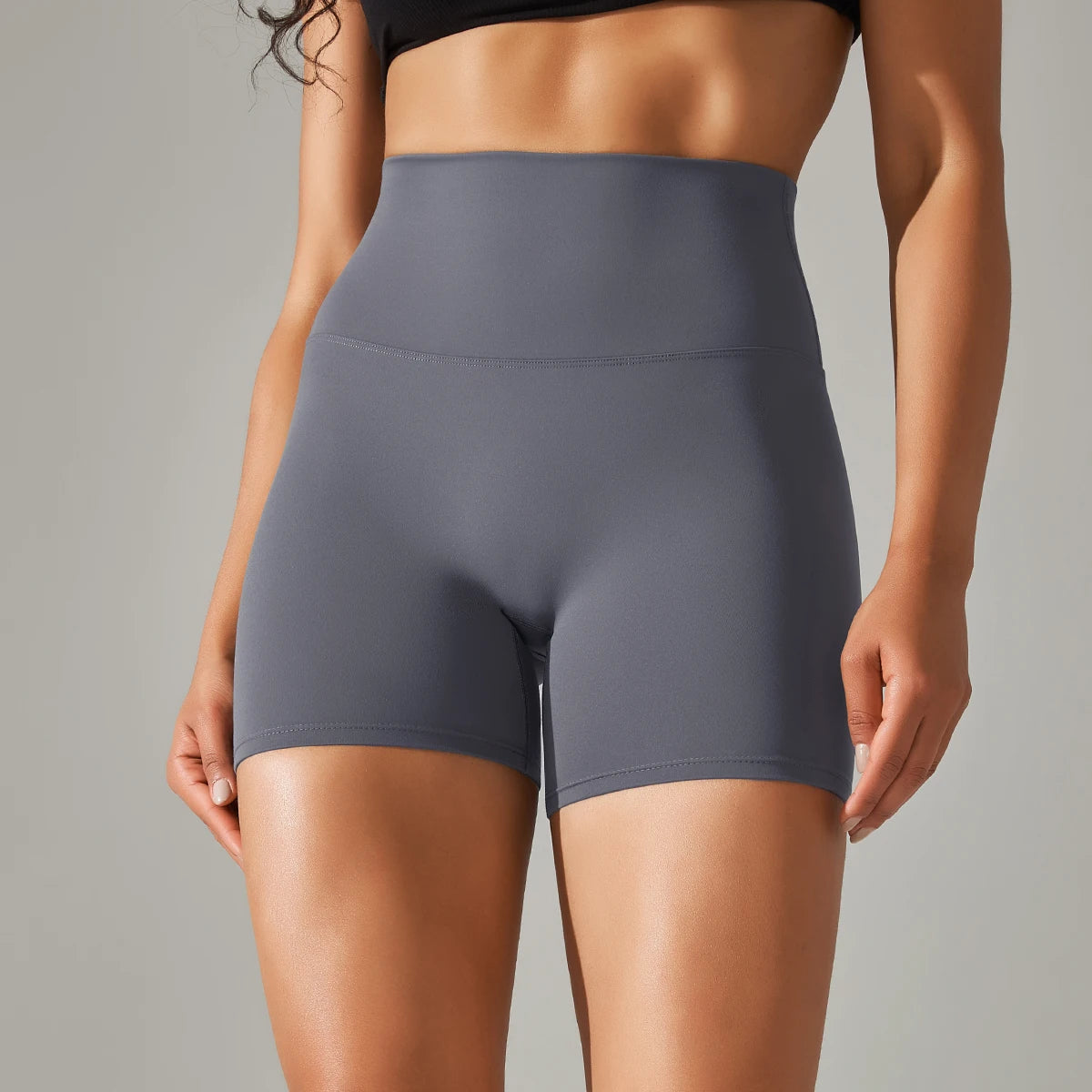 Nahtlose Sportshorts für Frauen mit hohem Bund, blau-grau