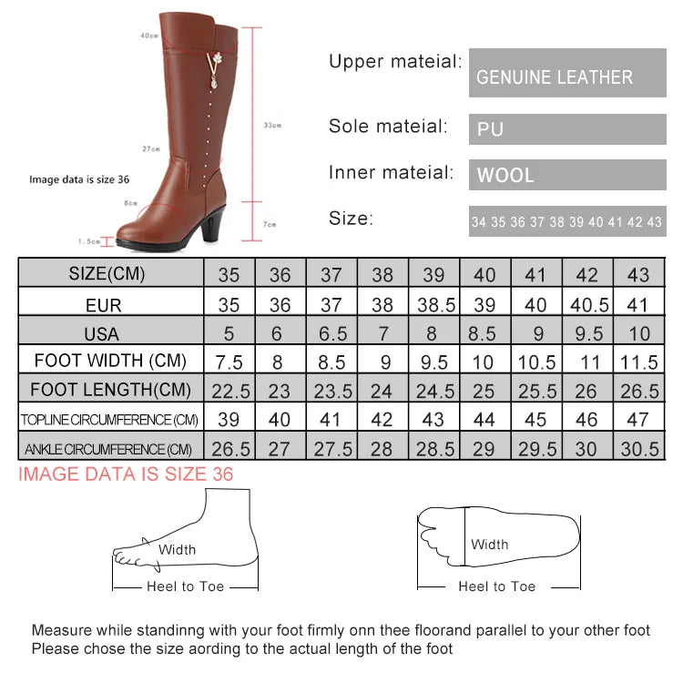 Maßtabelle (EUR/USA) und Größenhinweise für Leder-Winterstiefel mit Wollfutter