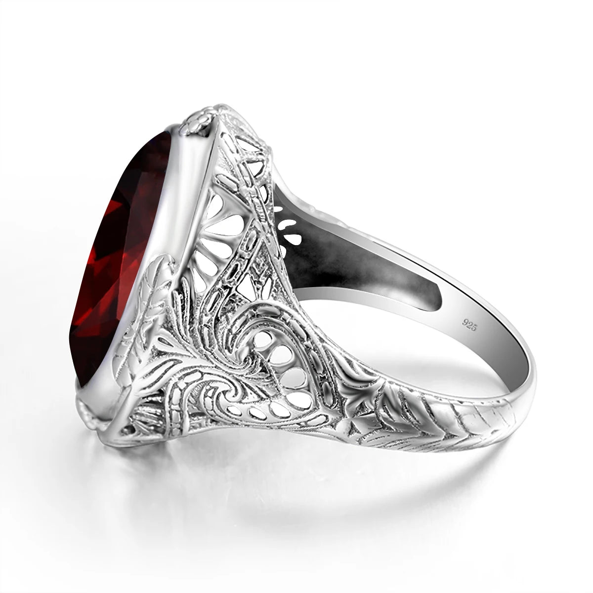 Unisex-Granat-Ring Großer Granatstein 14×18 mm Silber 925 Byzantinisches Design Feines Schmuckstück