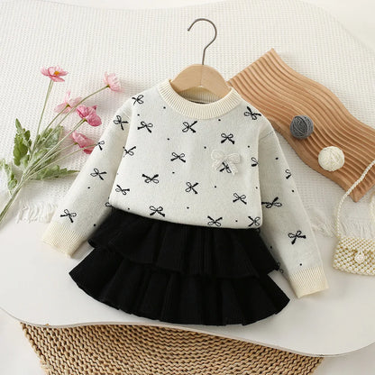 Mädchen Kleidungsset mit Bogen Druck Pullover und Faltenrock im 2-Teile Design
