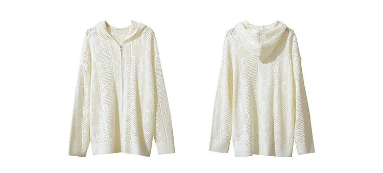 Damen-Strickjacke Kapuze Jacquard Hohlstrick Doppelreißverschluss locker Frühling