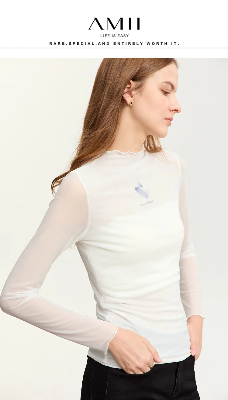 Damen T-Shirt aus gedrucktem Mesh mit slim-fit Halb Stehkragen