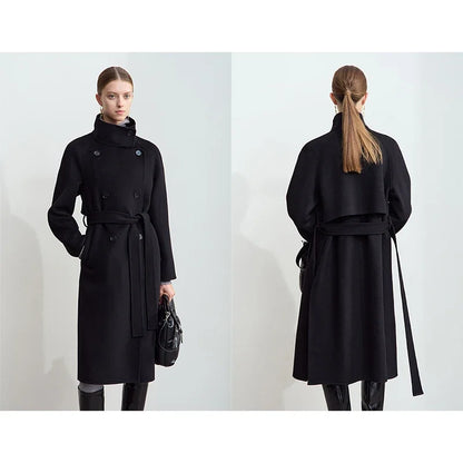 Damen Tweed Mantel im Winter-Look mit Stehkragen und Gürtel