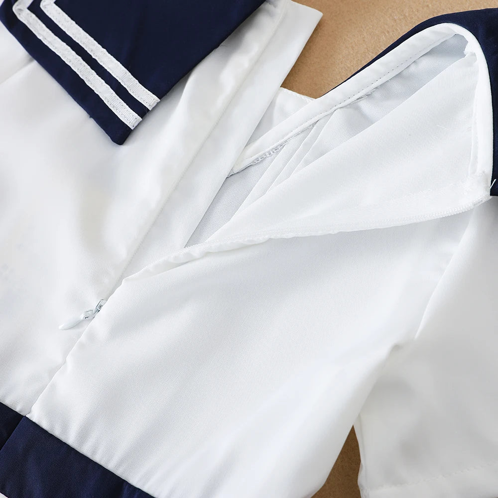 Kurzärmliges Sommerkleid für Mädchen für 5–12 Jahre, adrette Kleider mit gestreiftem Kragen im College-Stil, Kleidung für den Schulanfang