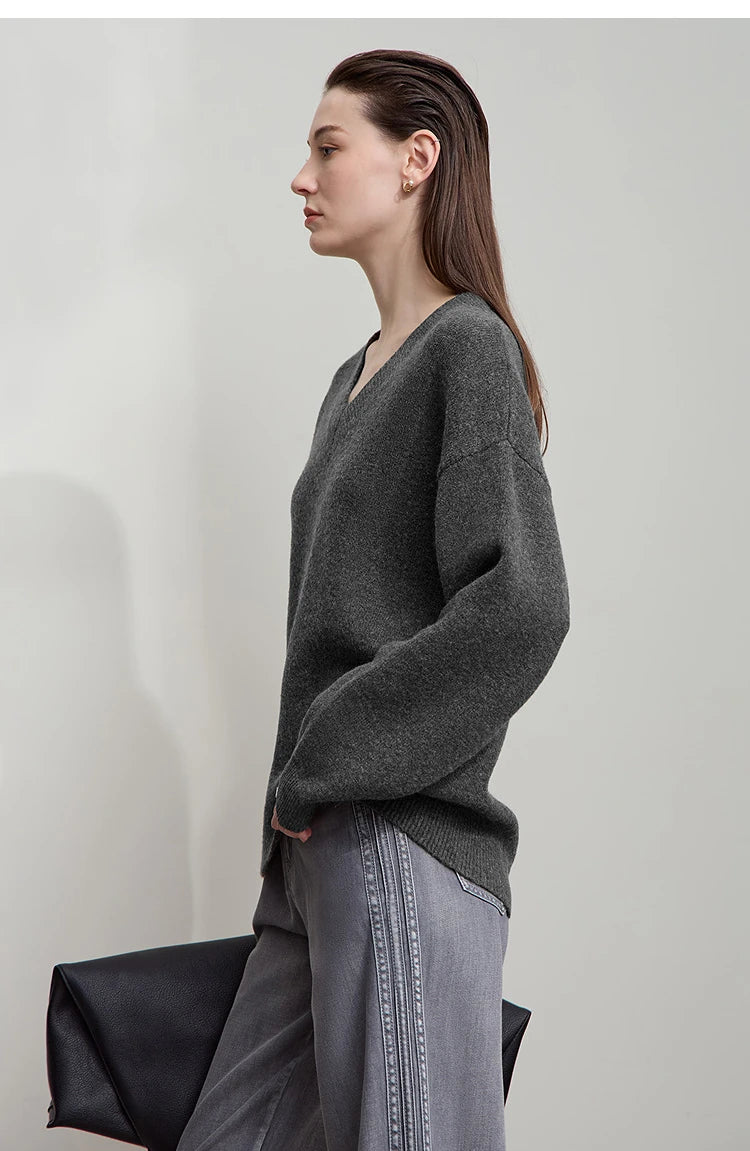 Damen V-Ausschnitt Pullover locker Raglan Wolle-Mix Herbst-Winter
