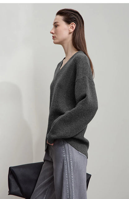Damen V-Ausschnitt Pullover locker Raglan Wolle-Mix Herbst-Winter