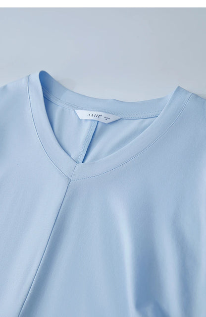 Damen T-Shirt mit solidem V-Ausschnitt und Kordelzug für den Sommer