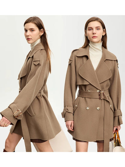 Damen Mid-Length Wollmantel im minimalistischen Stil mit Gürtel und Taschen