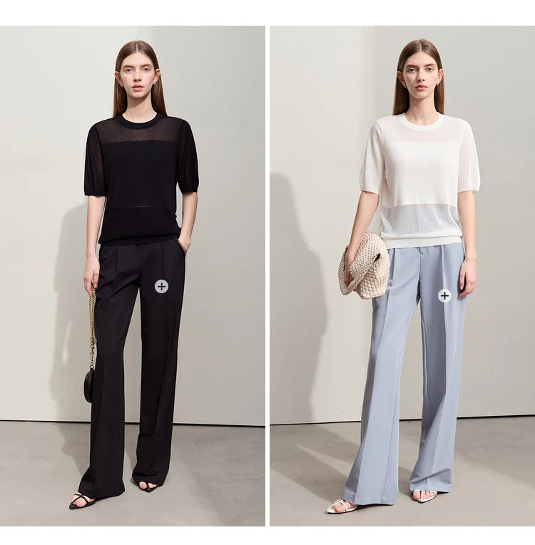 Damen-Strickpullover im Set: schwarzer und cremefarbener Look, Rundhals, Kurzarm