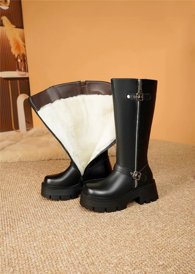 AIYUQI Women Winter Boots Genuine Leather 2025 New Natural Wool Warm Women Tenor Boots British Style Platform Women's Snow Boots