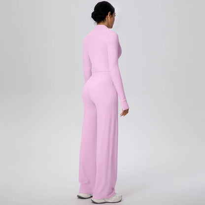 Fliederfarbenes Yoga-Set: Zip-Crop-Top und lange Hose, Seitenansicht von hinten