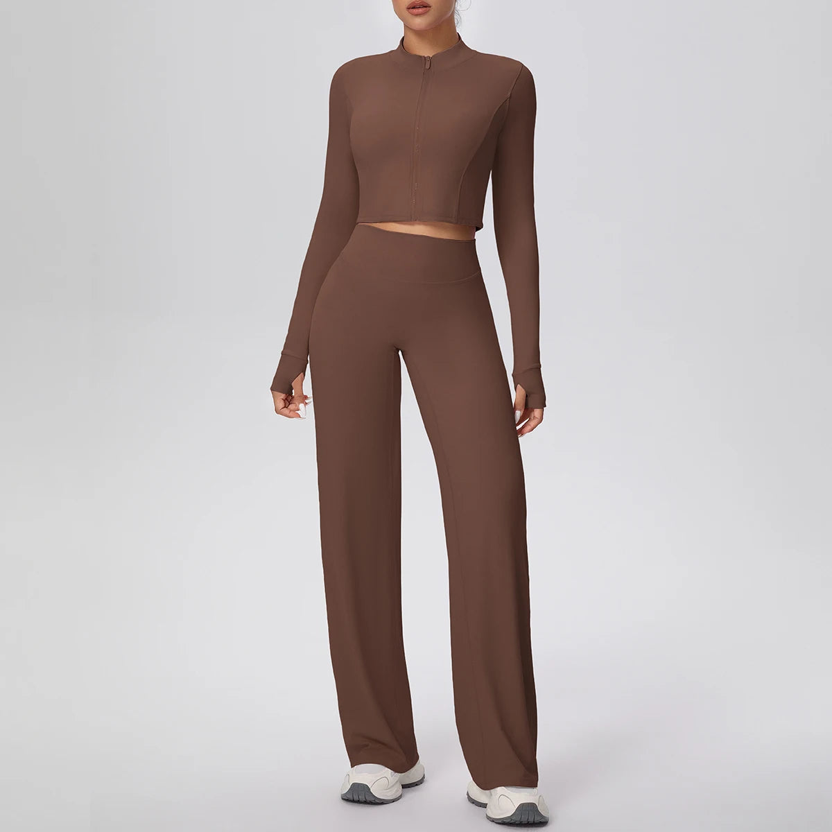 Braunes Yoga-Set für Damen: Zip-Crop-Top und lange, hochbundige Hose