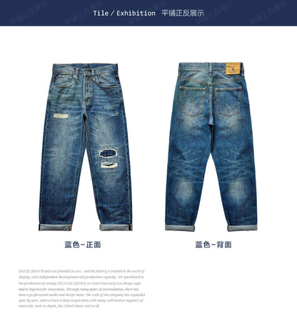 Männer Jeans im Vintage-Stil mit bestickten Patches und zerrissenen Details