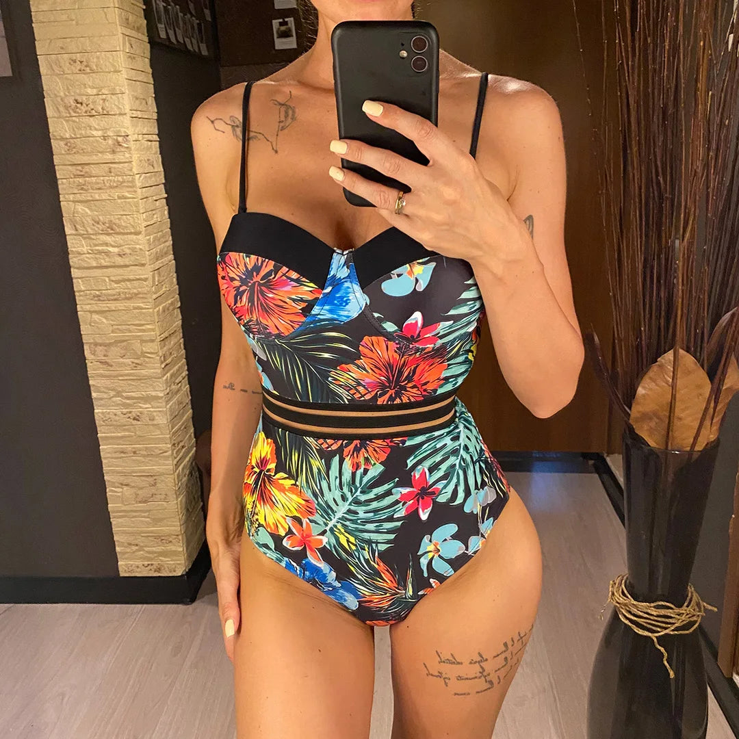 Damen Badeanzug Blätter Print Bügel BH-Cup Monokini Einteiler