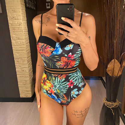 Damen Badeanzug Blätter Print Bügel BH-Cup Monokini Einteiler
