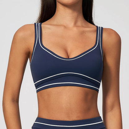 Damen-Yoga-BH, navyblau mit weißer Einfassung und breiten Querstreifen