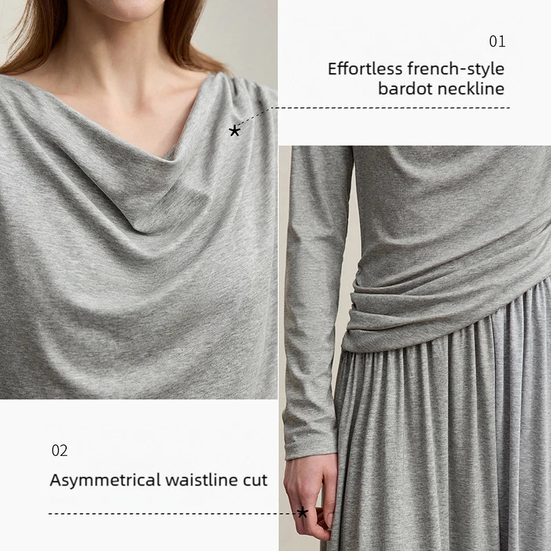 Elegantes Gestricktes Damenkleid Mit Wasserfallausschnitt Und A-Line