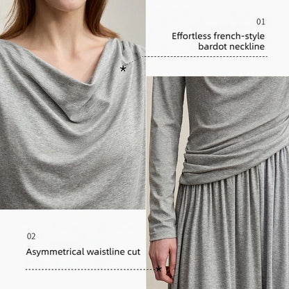 Elegantes Gestricktes Damenkleid Mit Wasserfallausschnitt Und A-Line