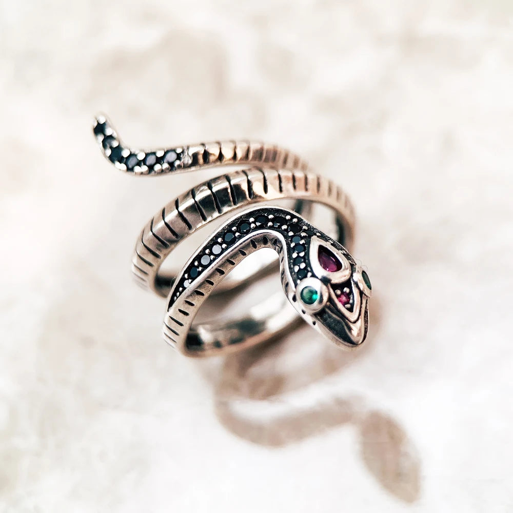 Damen-Ring Schlange schwarze Steine klassisch Europa aus Sterlingsilber