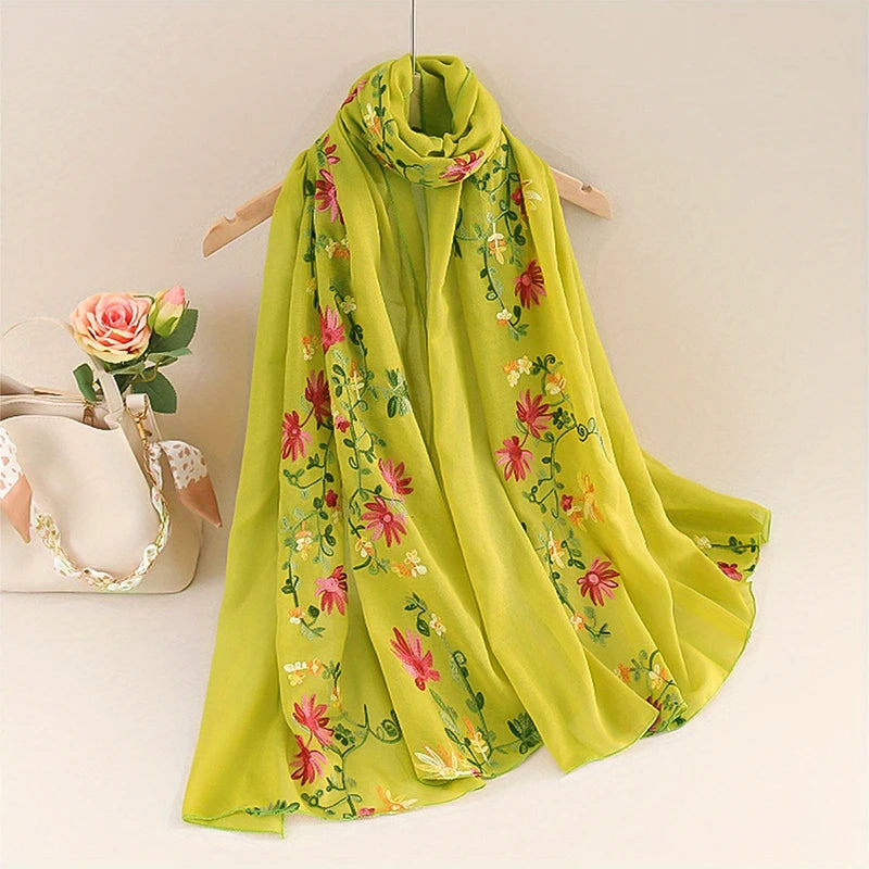 Damen Baumwoll Leinen Schal Farbverlauf Stickerei Bandana Hijab Sommer Sonnenschutz