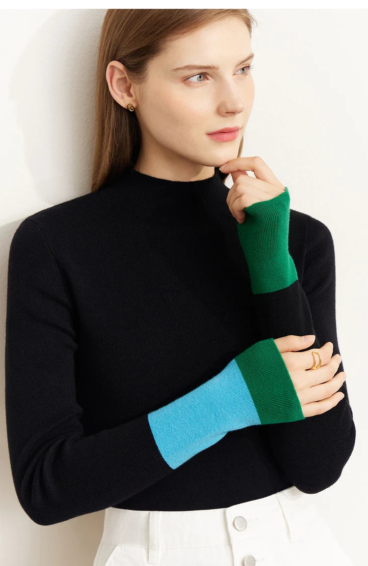 Damen-Halbrollkragen-Pullover Slim Farbkontrast Wolle-Mix Winter