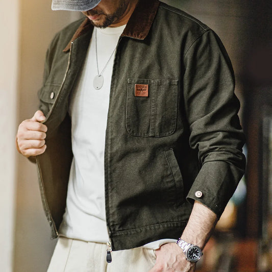 Herren Jacke Retro Heavyweight Canvas Cordkragen Reißverschlussjacke mit Taschen