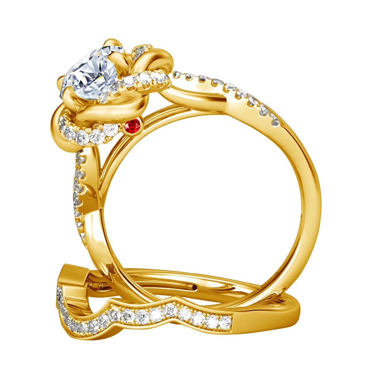 Damen-Ringe-Set aus 925 Sterling Silber mit Moissanit Steinchen und Blüten-Design für Verlobung und Hochzeit