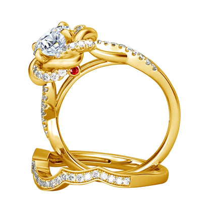 Damen-Ringe-Set aus 925 Sterling Silber mit Moissanit Steinchen und Blüten-Design für Verlobung und Hochzeit