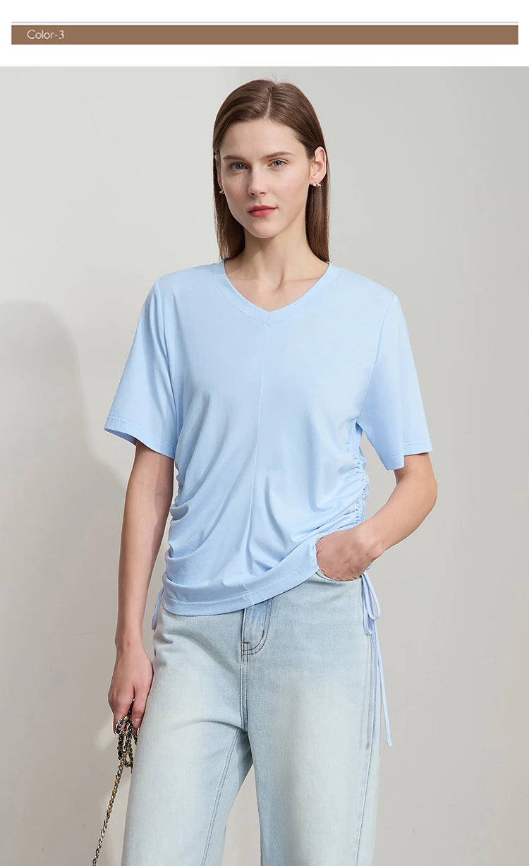 Damen T-Shirt mit solidem V-Ausschnitt und Kordelzug für den Sommer