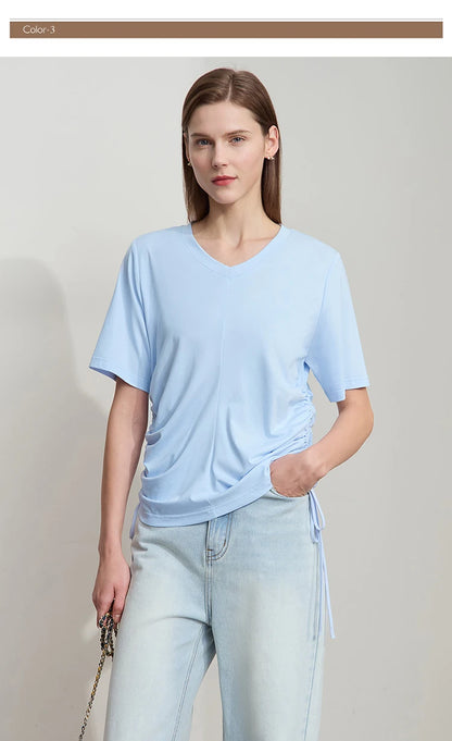 Damen T-Shirt mit solidem V-Ausschnitt und Kordelzug für den Sommer