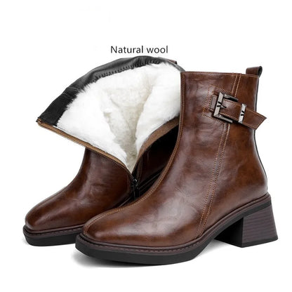 Damen-Ankle-Boots aus braunem Leder, eckige Spitze, Blockabsatz, Schnallenriemen, gefüttert