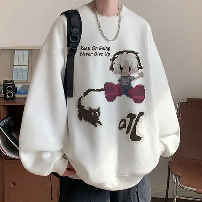 Vintage Oversize Herren-Sweatshirt mit Fist-Print und Rundhalsausschnitt – Herbst/Winter Langarmshirt mit Samtfutter im High-Street-Trend