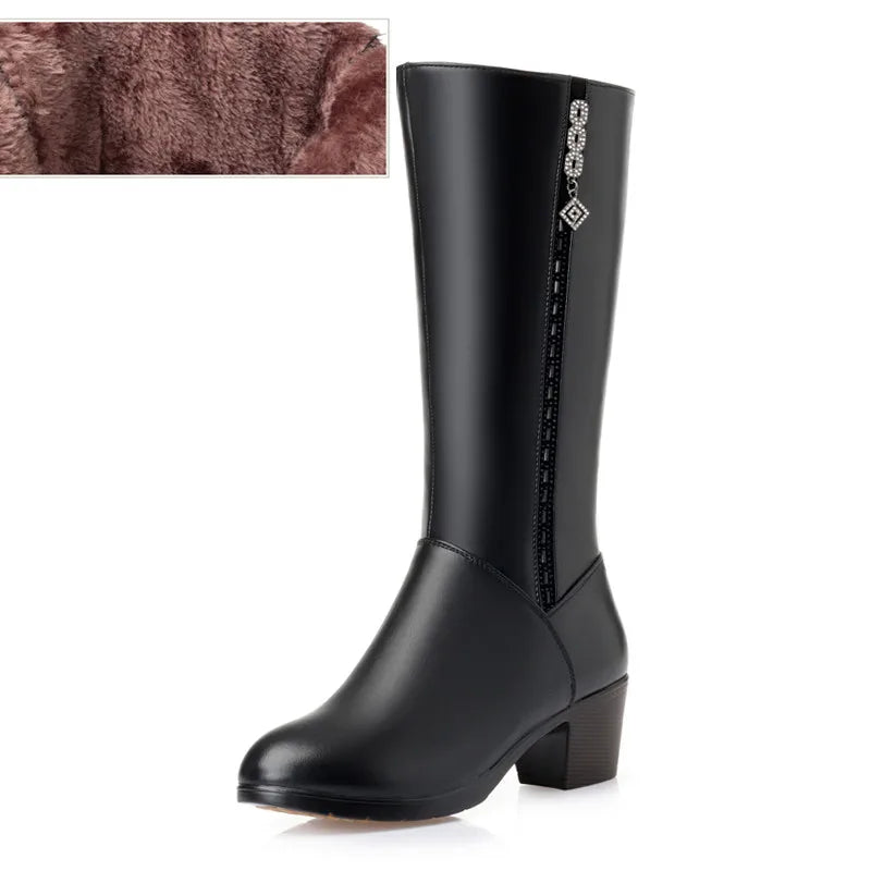 Schwarzer Damen-Winterstiefel aus Leder, hoher Schaft, Zierreißverschluss, Blockabsatz