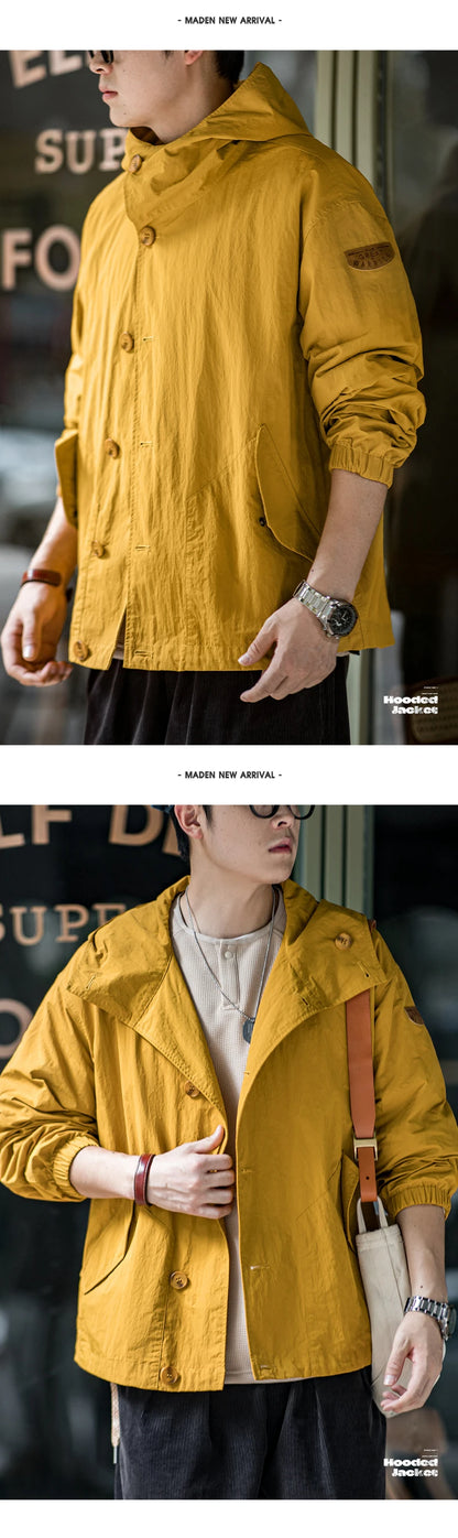 Herren Kapuzenjacke Vintage Einfarbig Dünn Loose Taschen Einzel-Breasted Coat
