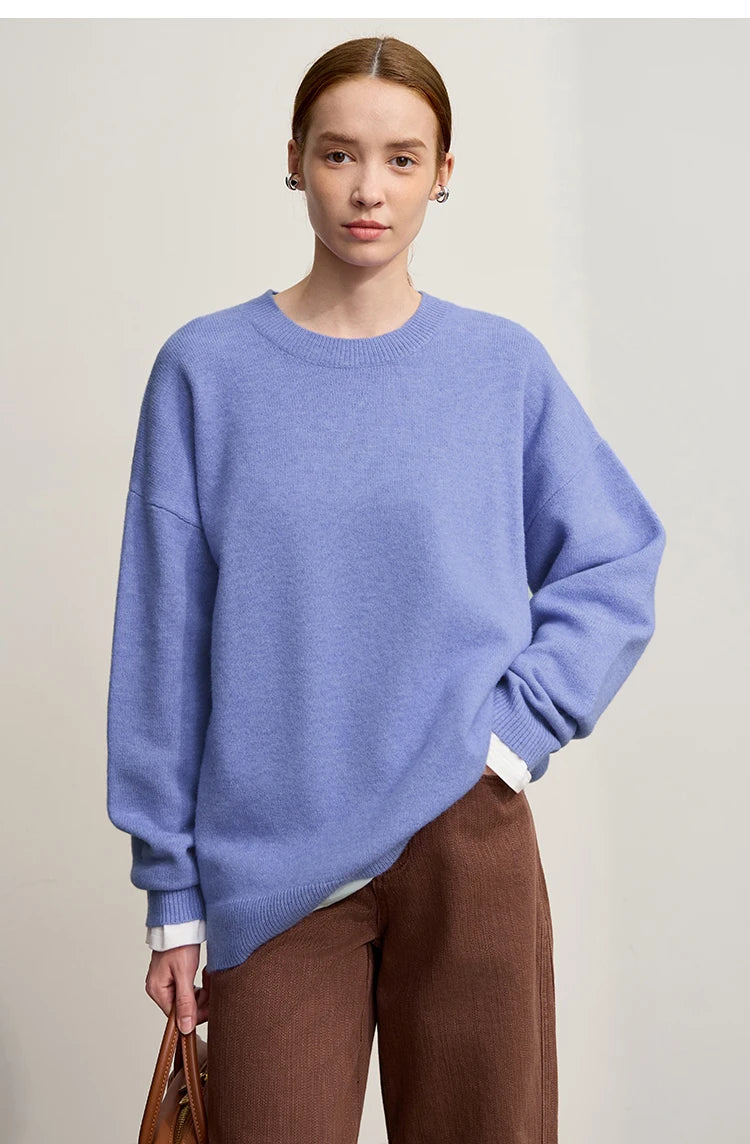 Damen-Strickpullover blau mit O-Ausschnitt, langen Ärmeln und lockerer Passform