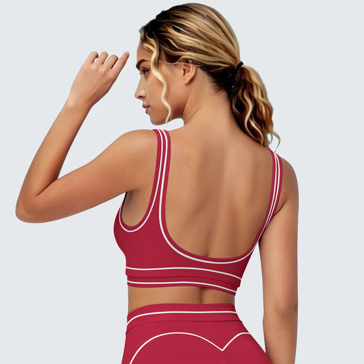 Damen Yoga-Top bordeauxrot, Racerback-Rücken mit breiten weißen Kontrastlinien