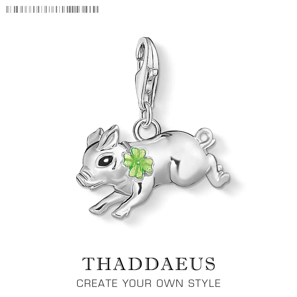 Damen-Charm-Anhänger Schweinchen mit Kleeblatt Glück aus Sterlingsilber