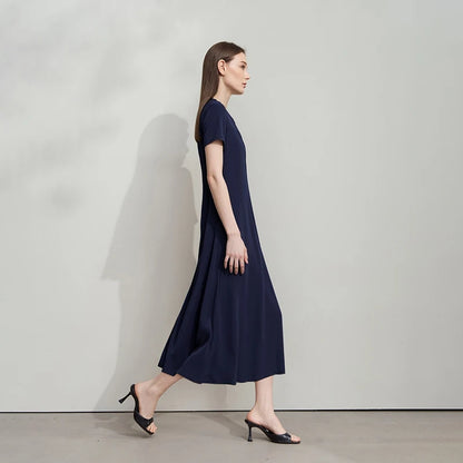 Damen-Sommerkleid mit O-Ausschnitt, kurzarm, dunkelblaues Midi, seitlich fallend