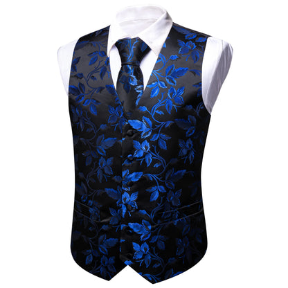 Herrenweste mit blauem Floralmuster auf dunklem Grund, V-Ausschnitt und Knopfleiste