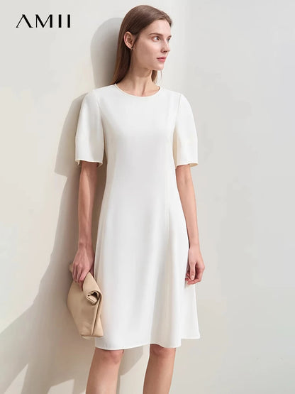 Elegant Damen Chiffon Kleid Midi O-Ausschnitt Laternenärmel Reißverschluss