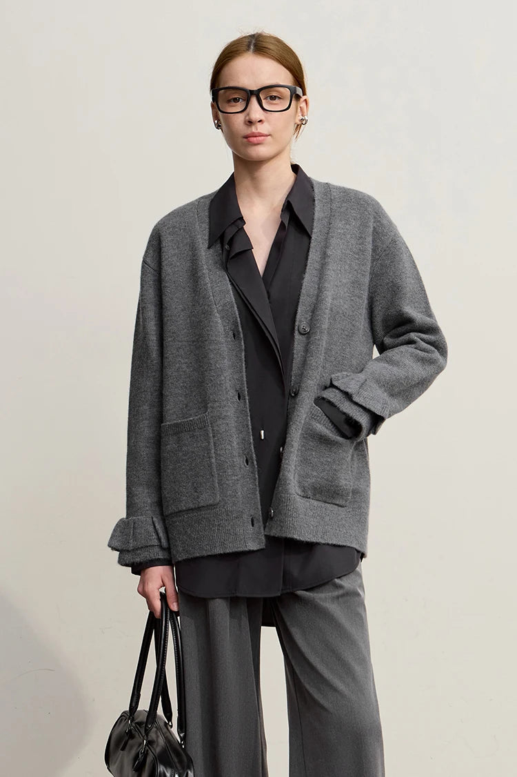 Damen-Strickjacke Wolle V-Ausschnitt Pendler einreihig locker Winter