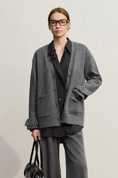 Damen-Strickjacke Wolle V-Ausschnitt Pendler einreihig locker Winter
