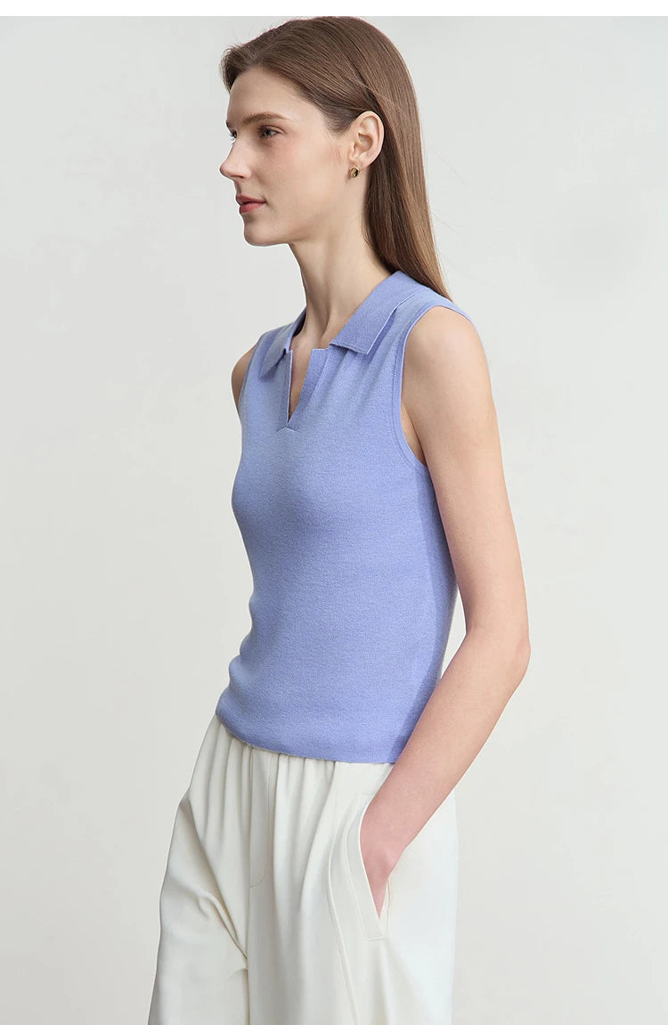 AMII ärmelloser Strickpullover mit V-Ausschnitt, Umlegekragen, himmelblau