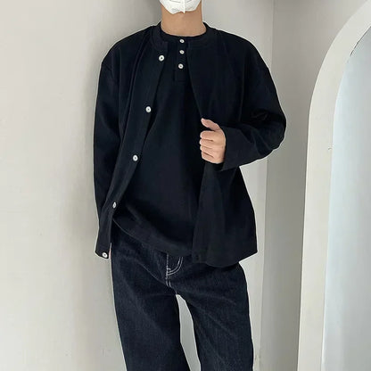 Herbst Vintage gefälschte zweiteilige Sweatshirts für Männer einfarbige Henley Neck Button Jacken koreanische Mode lose y2k Sudaderas