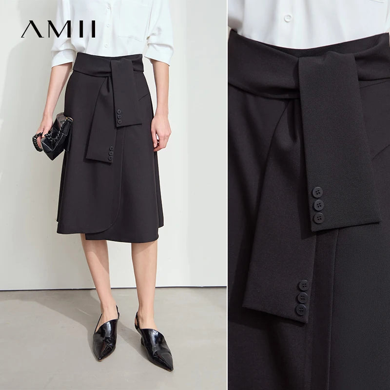 Damen-A-Linienrock mit Stretch, dunkles Design, angesetzter Taschenbeutel und Knöpfe