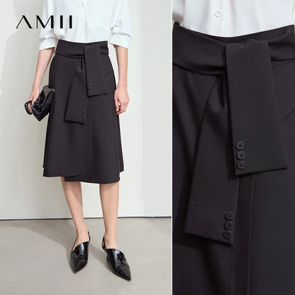 Damen-A-Linienrock mit Stretch, dunkles Design, angesetzter Taschenbeutel und Knöpfe