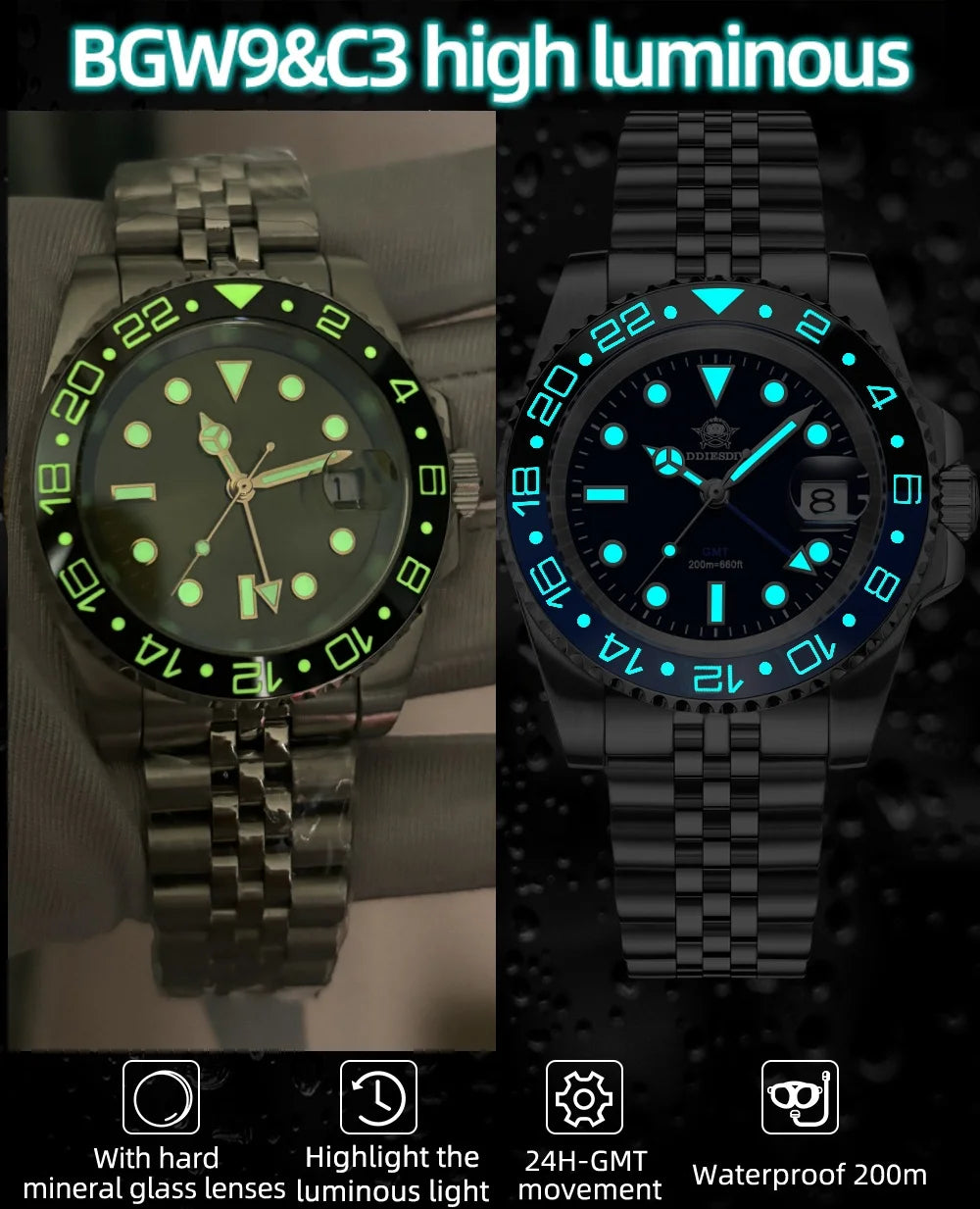 ADDIESDIVE Watch For Man GMT BGW9 Super Luminous 316L Stainless Steel 20Bar Diving Ceramic Bezel Quartz Watch