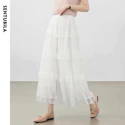 Damen A-Linie Spitzenrock im süßen Stil mit elastischer Taille und Patchwork-Mesh