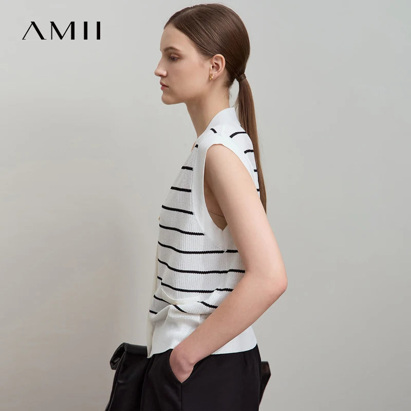 Damen V-Ausschnitt Pullover Streifen ärmellos Viskose Sommer